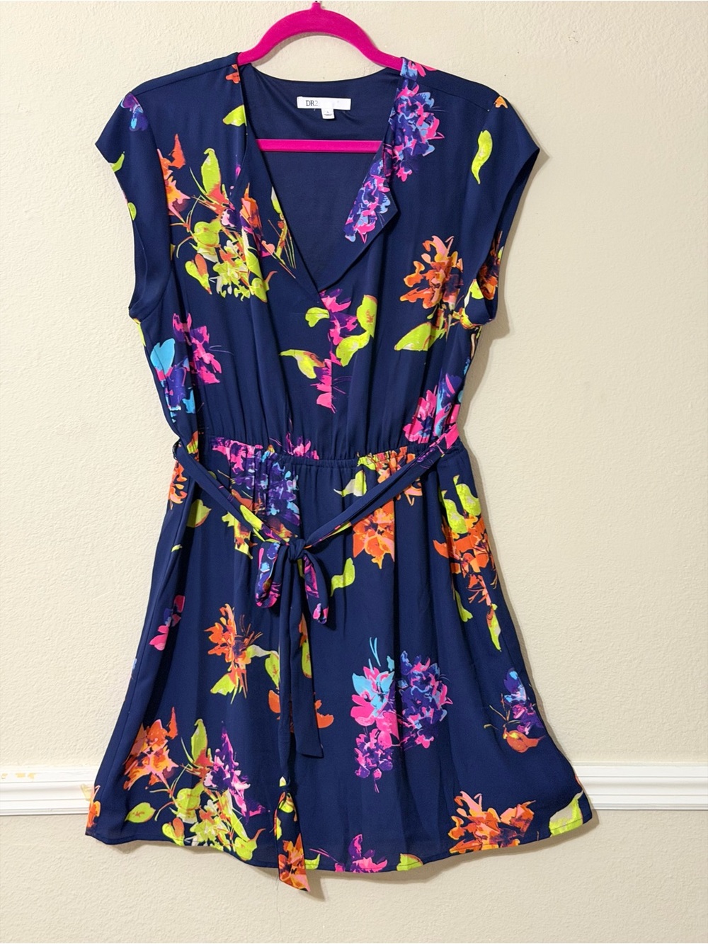 DR2 Navy Floral Tie-Waist Mini Dress